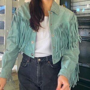 Vintage teal suede fringe jacket